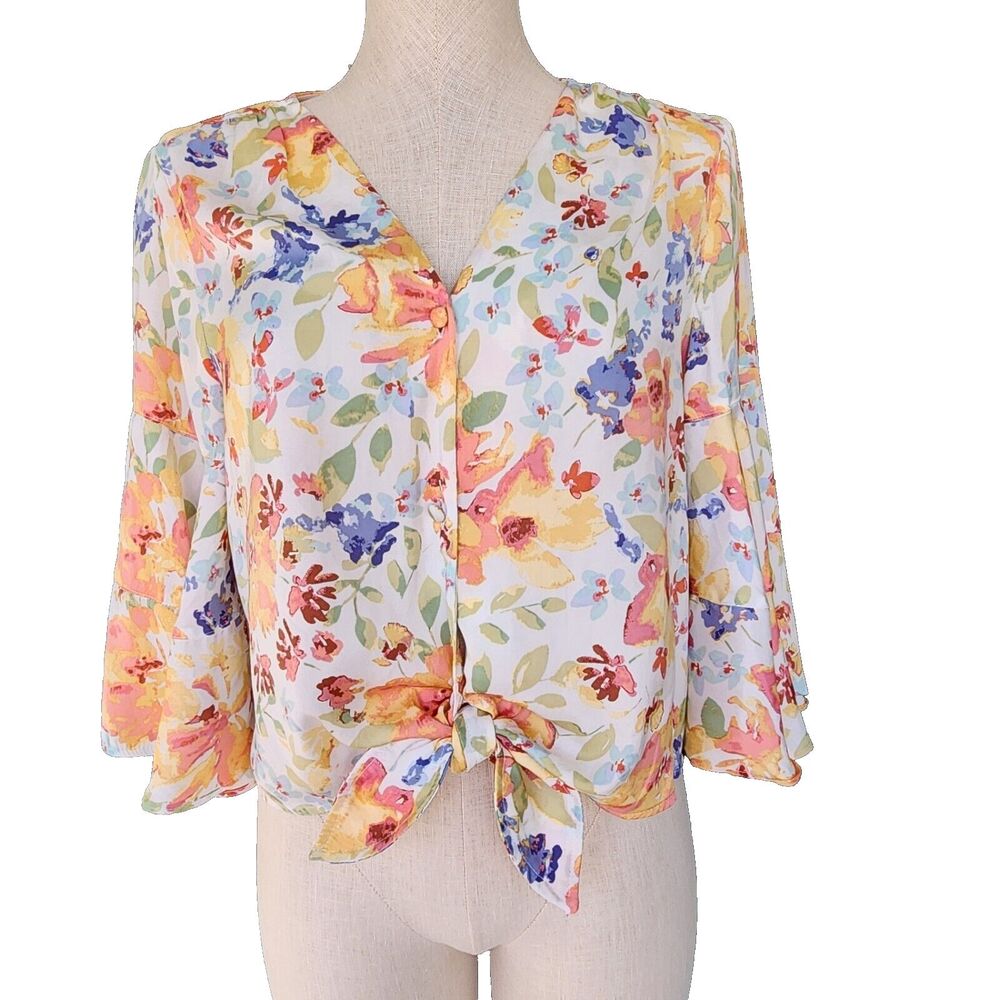 Lauren Conrad Crop Top Medium Watercolor Floral Boho Bell Sleeve Tie Waist